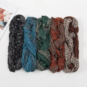Women spring autumn floral twisted pleated scarf versatile soft voile shawl neckerchief.