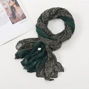 Spring Autumn Dark Green Floral Crinkled Scarf Versatile Lightweight Shawl for Women