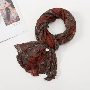 Autumn floral pleated scarf for women, elegant brown vintage lightweight fashion shawl wrap.