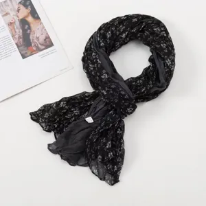 Black floral pleated scarf for women, lightweight vintage chic neck wrap and elegant shawl.