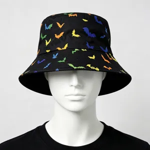 Reversible Colorful Bat Print Bucket Hat For Men Women Sun Protection Polyester Outdoor Halloween Fisherman Cap Black