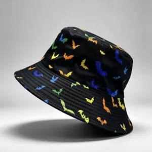 Colorful bat print bucket hat, unisex casual sun protection hat for outdoor trendy daily wear.