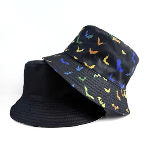 Reversible bucket hat with colorful bat print, casual sun protection cap for men and women.