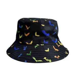 Colorful bat print bucket hat for men and women, stylish outdoor sun protection hat.