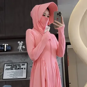 Women long sun protection dress summer outdoor hoodie UV blocking pink stylish sun protective