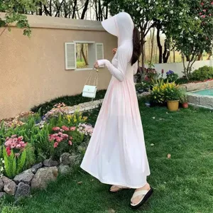 Long hooded sun protection dress detail view, lightweight outdoor UV blocking apparel for women.