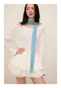 Korean solid color pleated imitation silk skinny scarf for women, elegant neck ribbon fashion accessory.