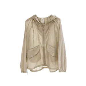 Mujer chaqueta ligera transpirable protección solar con capucha verano casual cremallera