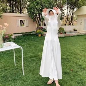Long white sun protection hoodie dress with face cover and thumb holes for outdoor wear.
