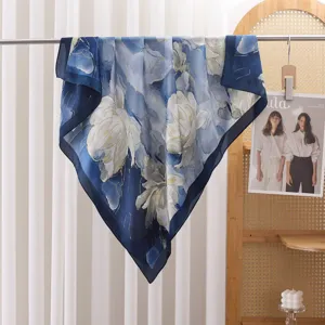 Blue floral square scarf for women, elegant abstract printed neckerchief and hair band accessory.