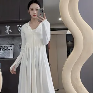 Women white long hooded sun protection dress summer casual zip up outdoor sunblock clothing