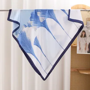 Blue and white abstract print square scarf for women, fashion headscarf and neckerchief.