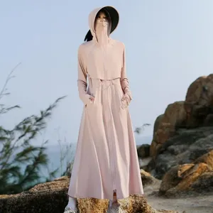 Women's Long Sun Protection Clothing Fashion Casual Waist-Cinching Hooded Nylon Jacket With Wide Brim And Face Cover