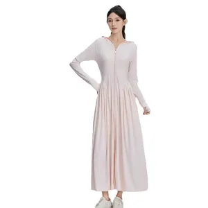 Women's light pink hooded long sun protection dress outdoor stylish UV blocking coat dress.