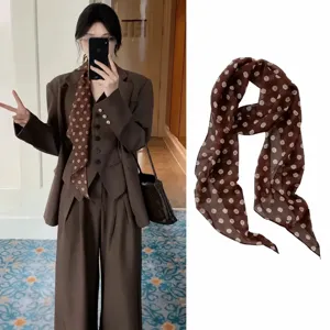 French Vintage Brown Polka Dot Long Scarf Women Versatile Lightweight Polyester Silk Bandana Neck Hair Accessory
