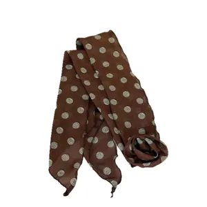 Chic brown polka dot long ribbon silk scarf with elegant rose flower detail for women stylish.
