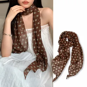 French vintage brown polka dot long silk scarf versatile hair band neck accessory for women
