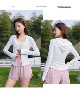 Women slim-fit hooded sun protection jacket with pink shorts for outdoor summer travel.