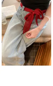 Red pleated silk-like long scarf ribbon, stylish women's waist belt and neck scarf accessory.