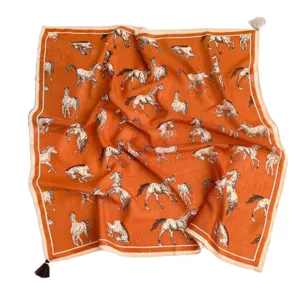 Luxury old money style horse print square scarf with tassel for women fashion neckerchief