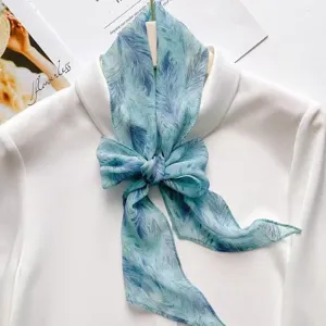 Blue feather print long silk scarf ribbon, versatile hair band and neck accessory for women.
