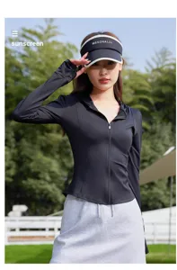 Detailed view of the women slim fit sun protection hoodie, UV blocking athletic jacket.