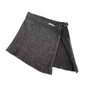 Dark grey cable knit wrap skirt for women, autumn winter fashion layered mini skirt with side buttons.