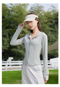 Detailed view of the women's slim-fit sun protection hoodie jacket in light grey for summer outdoor travel.