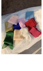 Solid pleated imitation silk ribbon scarf for women, elegant neck scarf for spring summer.