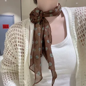 Chic brown polka dot long silk scarf neckerchief for women, elegant daily hair band accessory.