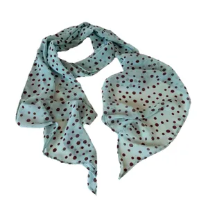 Mint green long silk scarf with brown polka dots, elegant hair band and neck accessory for women