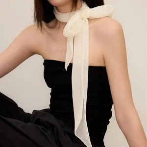White pleated silk-feel narrow scarf women ribbon elegant neck tie spring summer neckerchief