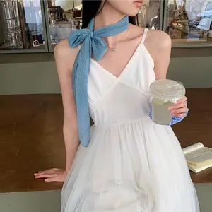 Korean solid color pleated skinny scarf women elegant neck ribbon spring summer accessories