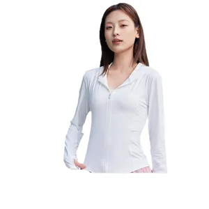 Womens white slim fit sun protection hoodie with full zip and thumbholes for summer outdoors.