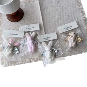 Cute plush bear and bunny keychain with pearl wings, sweet bag and phone charm pendant.