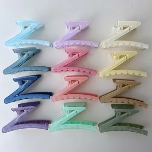 Z-Shaped Hair Claw Clip Large Plastic Shark Clip With Glitter Candy Color Geometric Hair Accessories For Daily Styling