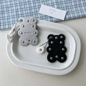 Leather rivet bear keychain bag charm cute punk style metal studded key ring pendant accessory