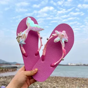 Sequin mermaid tail starfish summer beach casual flat flip flops for women outdoor sandals.