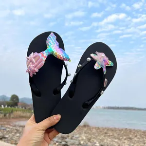 Women's summer sequin mermaid starfish beach flip flops, fashionable seaside outdoor sandals.