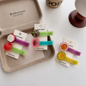 Details of cute 3d fruit acetate hair clips set, sweet style side clip for daily wear.