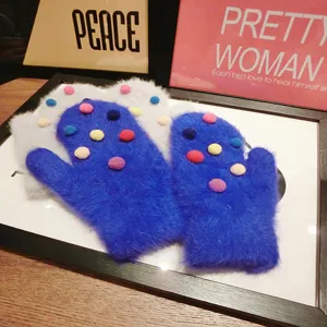Cute fluffy faux rabbit fur mittens with colorful pom poms winter warm gloves for women.