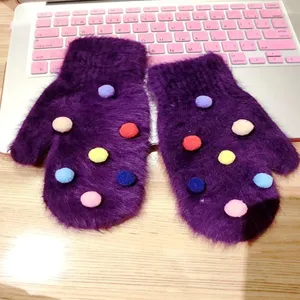 Cute purple fuzzy mittens with colorful pom pom balls, warm winter knitted gloves accessories.