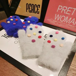 Korean style fluffy pom-pom rabbit hair cute winter warm mittens gloves for women.