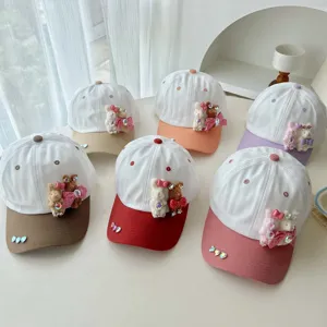 Kids Summer Baseball Cap Cute Cartoon Rabbit Rhinestone Bow Sun Protection Adjustable Cotton Duck Bill Hat
