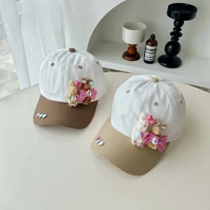 Kids baseball cap with cute plush bunny, rhinestones and bow, stylish sun protection hat.