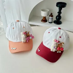 Kids baseball cap with cute plush bunny rhinestone bow, summer sun protection hat for boys and girls.