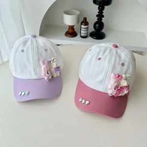 Kids cute rabbit rhinestone bow baseball cap, summer children sun protection sun hat.