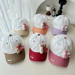 Summer kids baseball cap with cute plush rabbit and rhinestone bow decoration for boys and girls