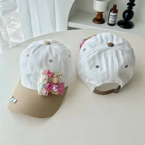 Children cute plush rabbit rhinestone bow baseball cap, white and khaki sun visor hat for kids.