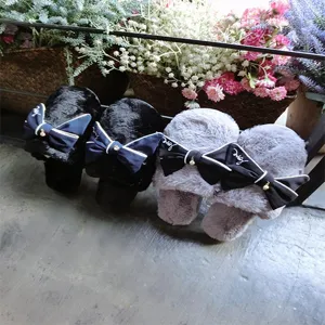 Korean style cute handmade bow women slippers, cozy faux wool closed-toe home cotton shoes.